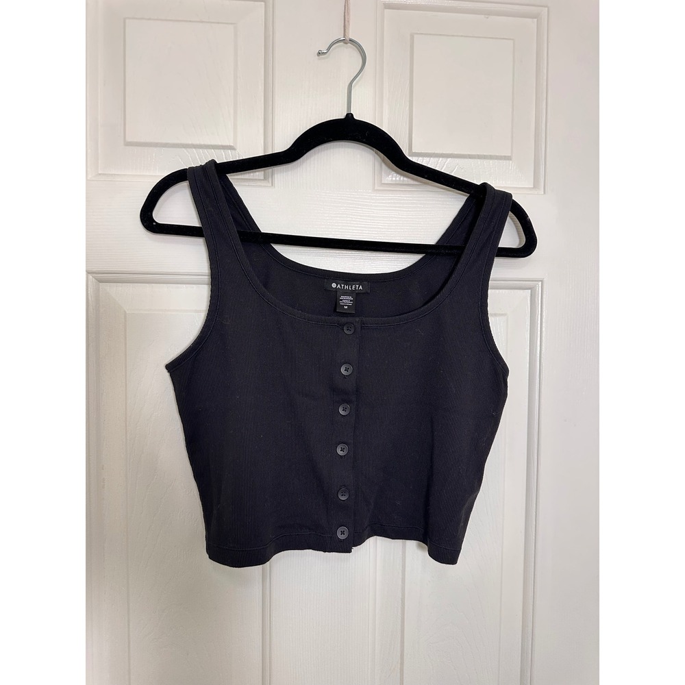 Athleta Half Moon Tank Black Ribbed Button Front Crop Top Camisole Womens Medium